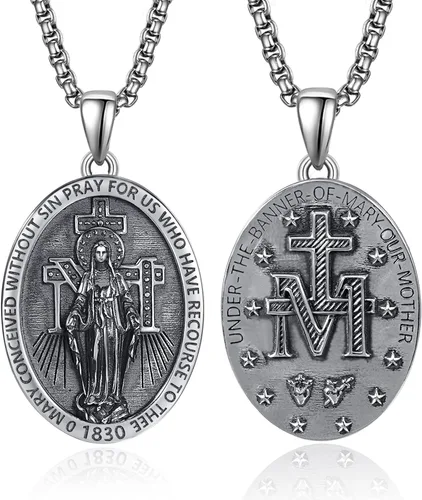 ADMETUS Collar de plata de ley 925 con diseño de santo patrón, collar de amuleto, joyería de cruz para hombre con cadena Rolo de 0.098 in, 22