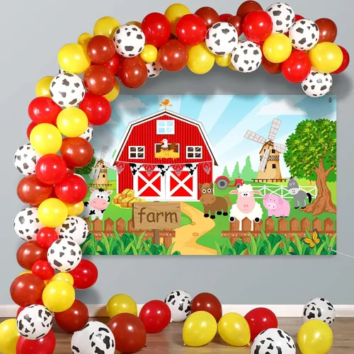 Miniatura 6 de Decoraciones temáticas de animales de granja para fiesta, fondo de granja, banner de animales de granja, decoración de granja, mantel, arco de Rojo