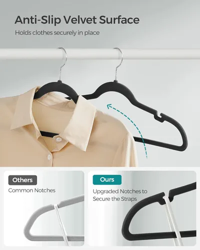 Miniatura 3 de SONGMICS Paquete de 30 perchas de terciopelo antideslizantes con muescas para el hombro, barra para pantalones, gancho giratorio de 360°, ahorro