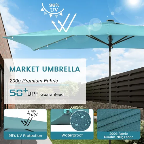 Miniatura 5 de MONDAWE Paraguas rectangular de mercado con luces LED solares de 10 x 6.5 pies para exteriores, sombrilla de patio con manivela, sombrilla de mesa