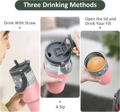 Miniatura 3 de Vaso de 30 onzas con asa, vasos con tapa y pajilla, vasos aislados de acero inoxidable, vaso de doble pared a prueba de fugas, botella de agua