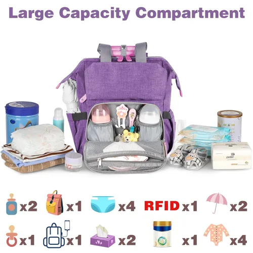 Miniatura 2 de Jiefeike Mochila para pañales, bolsa de bebé morada para mamá, papá, niñas, niños, bolsa de pañales de 15.6 pulgadas con bolsillos aislados, puerto