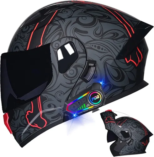 Miniatura 36 de Casco modular Bluetooth para motocicleta, aprobado por DOT, de cara completa, abatible, antivaho, doble visera, casco de motocicleta de calle, LENTE
