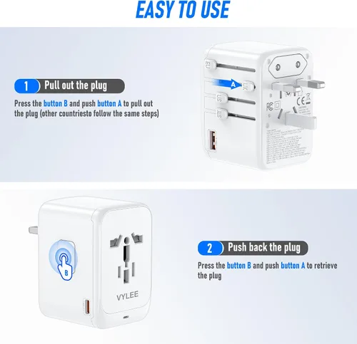 Miniatura 5 de VYLEE Adaptador de enchufe de viaje, cargador de viaje rápido GaN de 65W, adaptador de enchufe internacional con 3 USB-C PD y 1 USB-A QC con Blanco