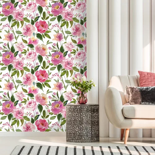 Miniatura 5 de VEELIKE Papel tapiz floral de peonías rosas para despegar y pegar, 17.7 x 354 pulgadas, papel de pared de peonías vintage, autoadhesivo, extraíble