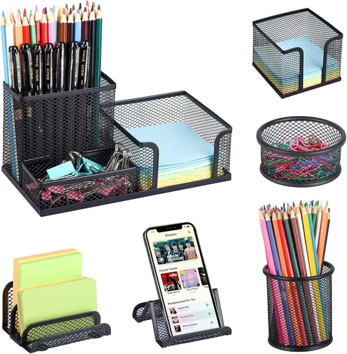 Juego de organizadores de escritorio con portavasos de malla para bolígrafos, 3 compartimentos, organizador de suministros de oficina, soporte para