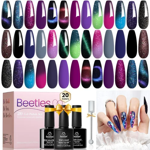 Miniatura 24 de Beetles - Set de 20 esmaltes de gel p/decoración de uñas, colección Fall Yard, purpurina naranja/marrón/rojo/azul marino, semipermanente, LED c/capa