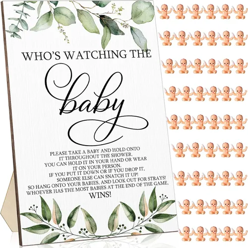 Miniatura 8 de Roowest Juego de 51 piezas de juguetes geniales para baby shower, con texto en inglés "Who's Watching The Baby", juegos de regalo de madera