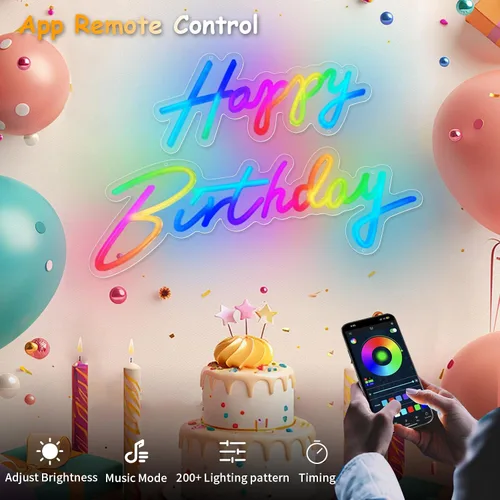 Miniatura 5 de Letrero de neón grande con texto en inglés «Happy Birthday» de «Happy Birthday» para decoración de pared, letrero LED para fiesta de cumpleaños
