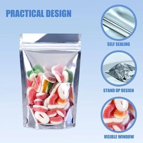 Miniatura 2 de 100 bolsas de Mylar resellables de 5 x 8 pulgadas para almacenamiento de alimentos, bolsas frontales transparentes de pie con etiquetas, bolsas