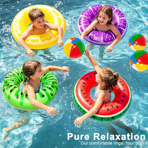 Miniatura 7 de Paquete de 8 flotadores inflables de piscina para niños, 4 tubos de natación de frutas y 4 bolas de playa, flotadores de piscina, juguetes de playa