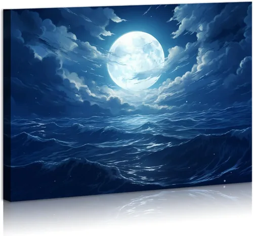 Arte de pared con luna y mar, paisaje oceánico, luna llena en nube, pinturas para sala de estar, dormitorio, decoración del hogar, enmarcado, listo