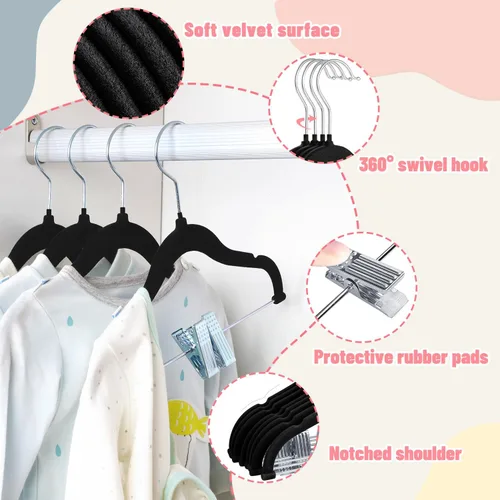 Miniatura 3 de ManGotree Perchas de terciopelo para bebé de 11.8 pulgadas con clips movibles, perchas de fieltro antideslizantes para niños, perchas de ropa