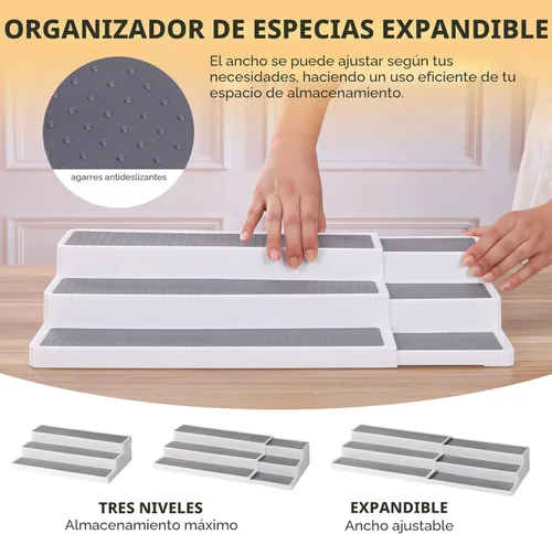 Miniatura 3 de CiWiVOKi Organizador de especias expandible de 3 niveles, estante de especias de plástico blanco/gris, longitud ajustable de 14.6 a 25.8 pulgadas