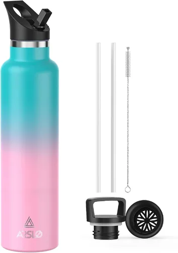 Miniatura 13 de Botellas de agua de doble pared de acero inoxidable, botella aislada al vacío con tapa con popote, botella de agua aislada mantiene el agua fría