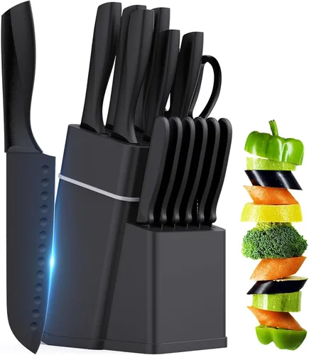 Juego de cuchillos de cocina con bloque, juego de cuchillos de 15 piezas con afilador integrado, apto para lavavajillas, cuchillas de acero