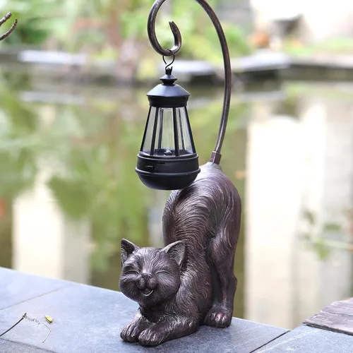 Miniatura 6 de Figura de gato riendo con luz LED alimentada por energía solar, 15.7 pulgadas de alto en bronce antiguo, perfecta para regalo, decoración de jardín