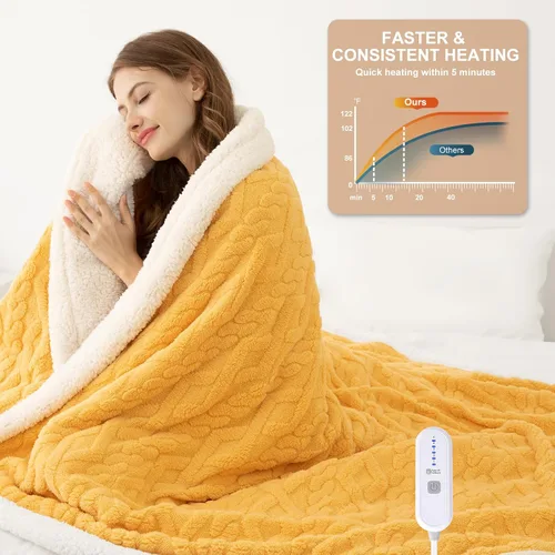 Miniatura 5 de Manta eléctrica tamaño individual 62"X84" amarilla - Manta cálida y gruesa de sherpa con calefacción para invierno con 5 niveles de calentamiento