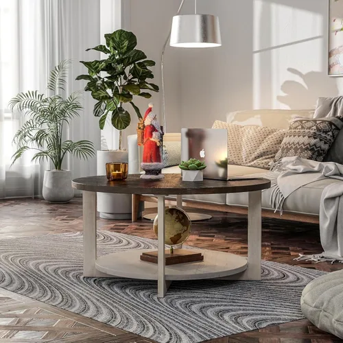 Miniatura 2 de Mesas de centro redondas de madera con almacenamiento, mesa de centro rústica con parte superior de madera envejecida, mesa circular grande