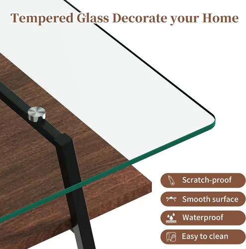Miniatura 7 de Mesa auxiliar de cristal para sala de estar, mesa de centro de 2 niveles de mediados de siglo, mesa central con parte superior de vidrio templado