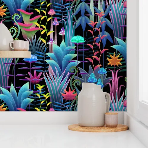 Miniatura 8 de Muestro de papel tapiz extraíble - Bioluminiscente Selva Floral Árboles Fantástico Helecho Papel pintado personalizado pre-pegado por Spoonflower