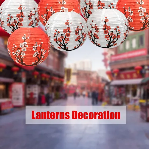 Miniatura 8 de Hoypeyfiy Paquete de 10 linternas de papel de flor de cerezo, 12 pulgadas, linternas japonesas Sakura rojas y blancas, linternas de papel redondas