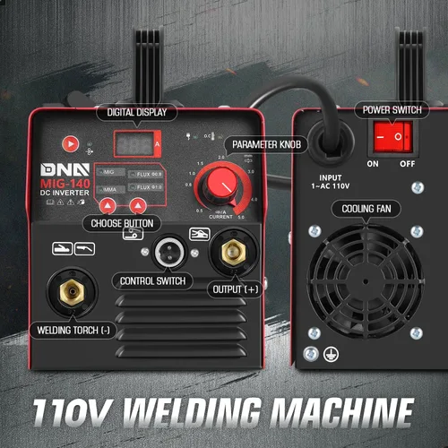 Miniatura 2 de DNA Motoring Soldador MIG portátil 140A, Soldador de núcleo de flujo de 110 V, 2 en 1 Stick MMA/Flux MIG Máquina de soldadura IGBT Inversor, Máquina