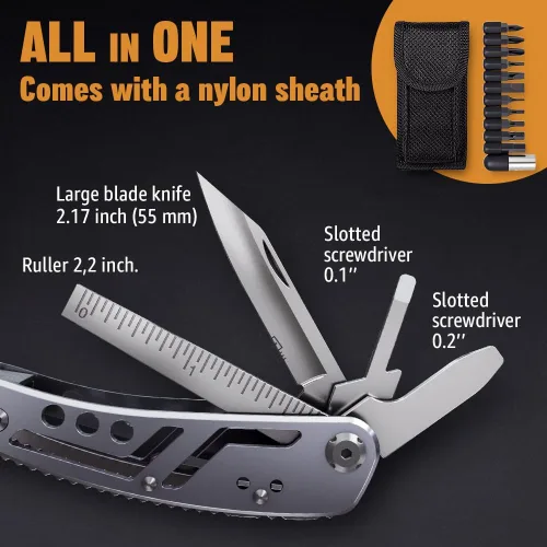 Miniatura 7 de Multiherramienta 24 en 1 con cuchillo, alicates y 11 puntas de acero inoxidable afilado, multiherramienta para hombres, equipo ideal
