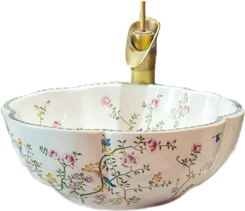 Miniatura 8 de Fregaderos de baño estilo sureste asiático en color rosa, fregadero de cerámica artística para encimera de tocador, sobre encimera plateado