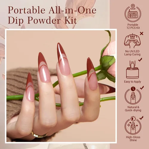 Miniatura 4 de AZUREBEAUTY Kit de iniciación de uñas en polvo de inmersión, 4 colores de otoño, piel nude, marrón, purpurina, juego de líquido de polvo