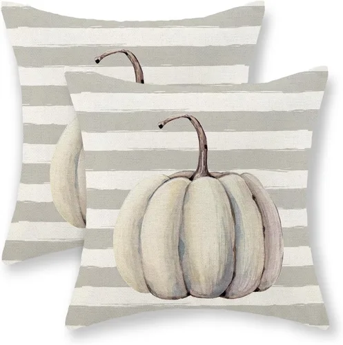 Miniatura 45 de AEIOAE - Juego de 2 fundas cuadradas de almohadones de lino para otoño con calabaza en tono naranja quemado y blanco, para decoración al aire libre
