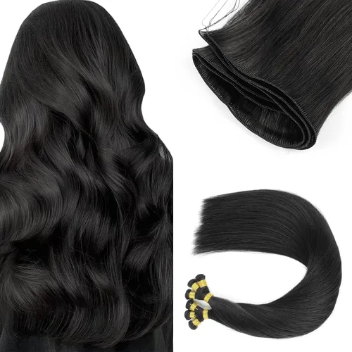 ABH AMAZINGBEAUTY HAIR Extensiones de cabello humano Remy real para coser, atadas a mano, color negro azabache de 18 pulgadas, para mujer, 1.76 onzas
