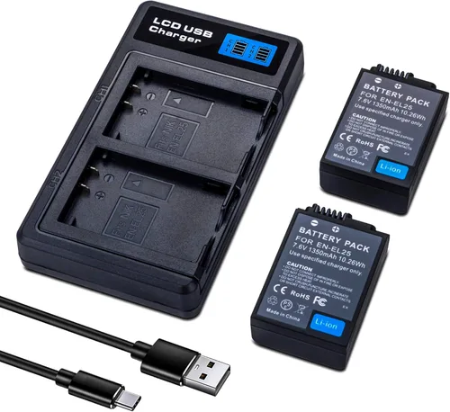 Paquete de 2 baterías EN-EL25 EN-EL25A con cargador de batería dual USB compatible con cámaras Nikon Z30 Z50 ZFC 4241 ENEL25 EN-EL25A, cargador MH-32