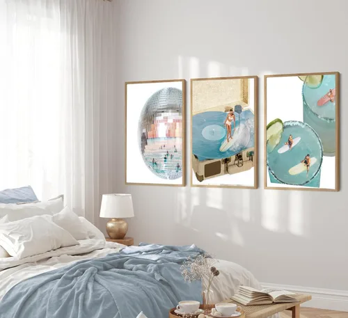 Miniatura 3 de 3 piezas de lienzo azul de moda preppy arte de pared retro de bola de discoteca estética bar carro póster impreso ilustraciones azul costero niña