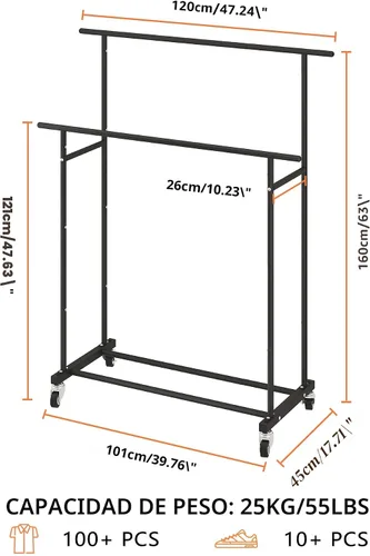 Miniatura 3 de Calmootey Perchero de ropa de doble varilla, organizador portátil para colgar ropa, organizador de ropa rodante para dormitorio, sala de estar, Negro