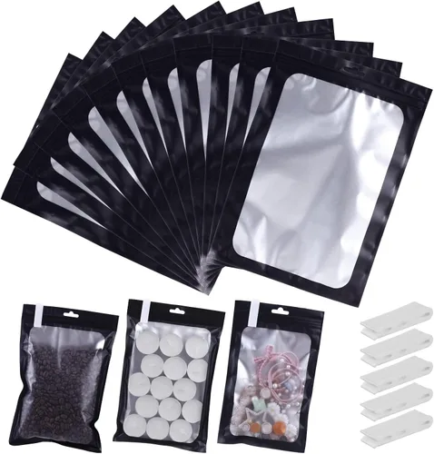 Miniatura 15 de 400 bolsas de Mylar resellables de 4 x 5 pulgadas, color negro, para almacenamiento de alimentos, bolsa resellable de Mylar con ventana transparente