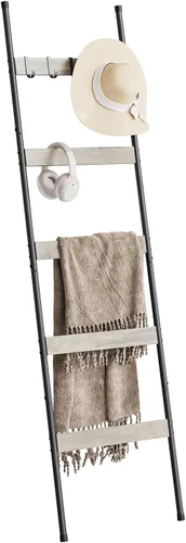 ELYKEN Escalera de Mantas para Sala de Estar, Soporte de Edredón de 5 Niveles de Estilo Granja con 4 Ganchos Removibles para Baño, Estante de Roble