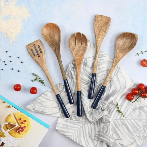Miniatura 7 de Folkulture Cucharas de madera para cocinar, juego de 5 utensilios de madera de acacia prémium de 12 pulgadas, acabado liso, juego de utensilios