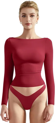 Miniatura 17 de SUUKSESS Camiseta de mujer con cuello redondo, manga larga, doblemente forrada, ajustada y corta