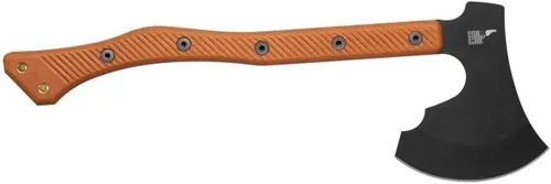 TOPS Cuchillos Hacha de alto impacto Hacha de espiga completa - Acabado de revestimiento de tracción negro - Funda de cuero marrón (mango de micarta
