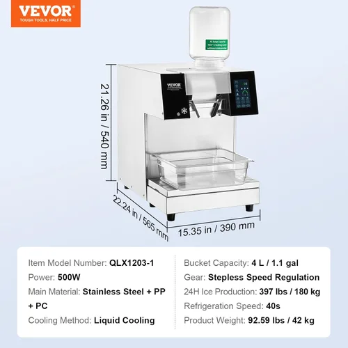 Miniatura 7 de VEVOR Máquina de hielo comercial de copo de nieve, máquina de hielo de copo de nieve de 397 libras/24 horas, máquina de afeitar de hielo de acero