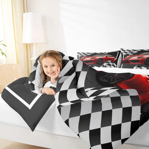 Miniatura 3 de Juego de edredón de auto de carreras rojo, tamaño individual, juego de ropa de cama de celosía negro y blanco de 2 piezas para decoración de A-car 01