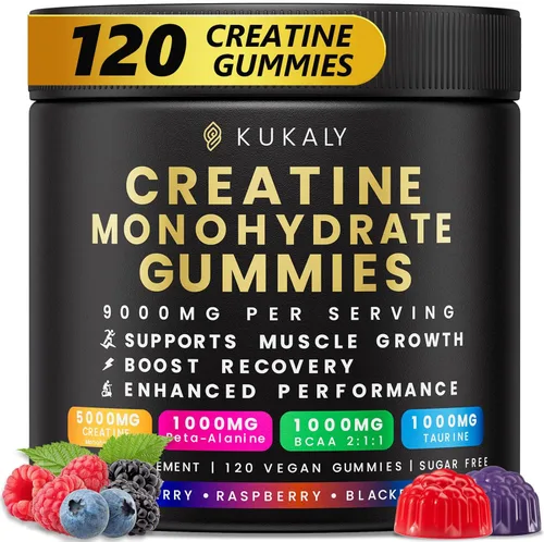 kukaly Gomitas de monohidrato de creatina para hombres y mujeres, gomitas de creatina de 9000 mg sin azúcar, sabor mezclado con L-taurina, BCAA 2:1,