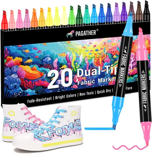 Marcadores de tela permanentes para ropa, 20 colores de doble punta con puntas finas y cinceles, bolígrafos de pintura para ropa, bolsas de lona,