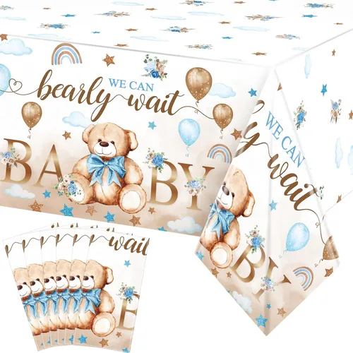 Miniatura 14 de Tegeme Paquete de 6 manteles de plástico con diseño de oso para baby shower, con texto en inglés «We Can Bearly Wait», para fiestas de cumpleaños