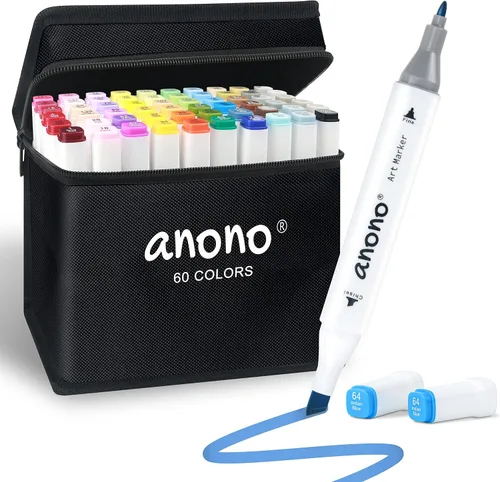 anono Juego de marcadores de alcohol de 60 colores, marcadores para colorear con puntas de cincel y finas, incluye estuche de transporte, adecuado