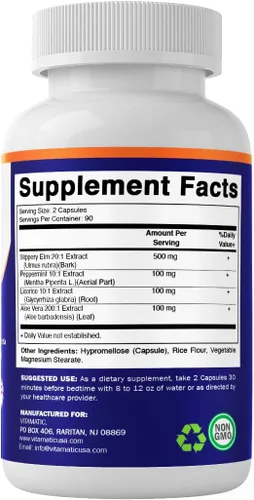 Miniatura 8 de Vitamatic Barra de olmo resbaladizo de 500 mg con menta 100 mg, DGL 100 mg y aloe vera 100 mg – Vegano, sin OMG – 180 cápsulas – Paquete de 2