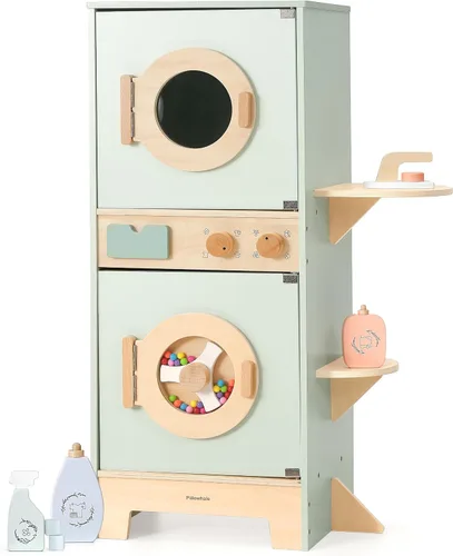 Miniatura 9 de Juego de cocina de madera Pillowhale, juego de cocina grande interactivo con lavadora, horno, cajón y almacenamiento, utensilios de cocina de metal