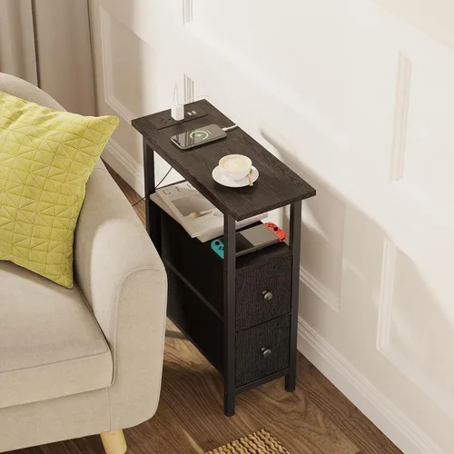 Miniatura 7 de TRIFEBLE Mesa auxiliar con estación de carga, mesa auxiliar estrecha con 2 cajones de tela, mesita de noche delgada con luz LED, mesita de noche