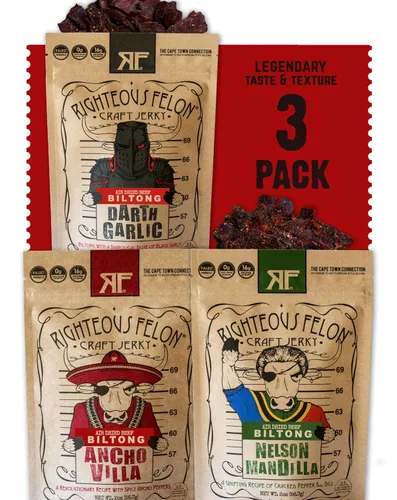 Miniatura 9 de Righteous Felon Biltong Beef Jerky Paquetes de bocadillos biltong sudafricanos para adultos Alto en proteínas, apto para dieta cetogénica, bajo